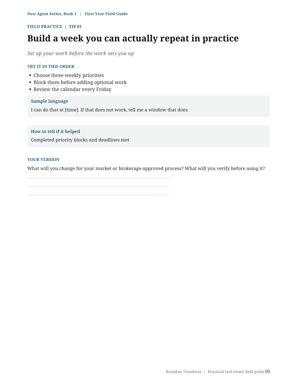 Original companion practice page with an exercise, sample language, action steps, and a measure to review.