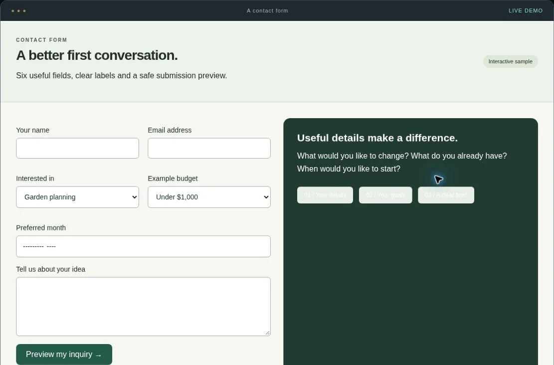 Contact form setup interactive service demo
