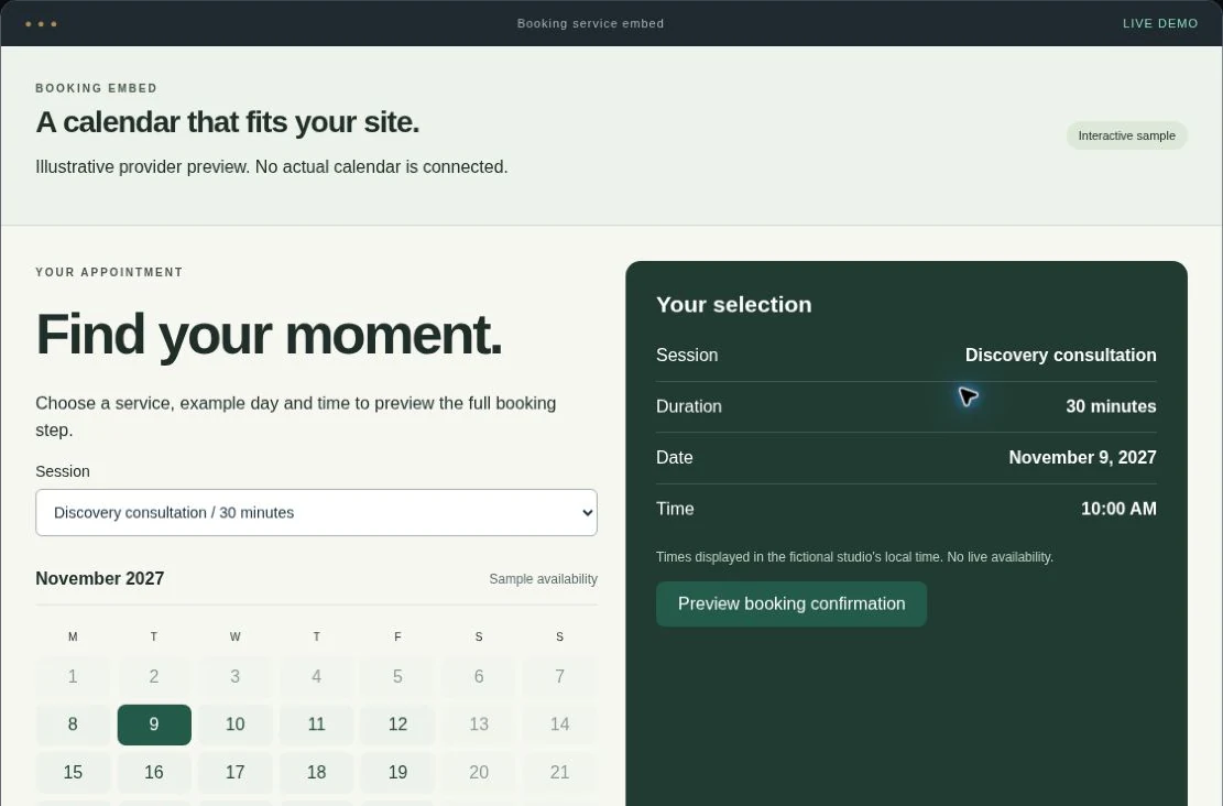 Booking embed setup interactive service demo