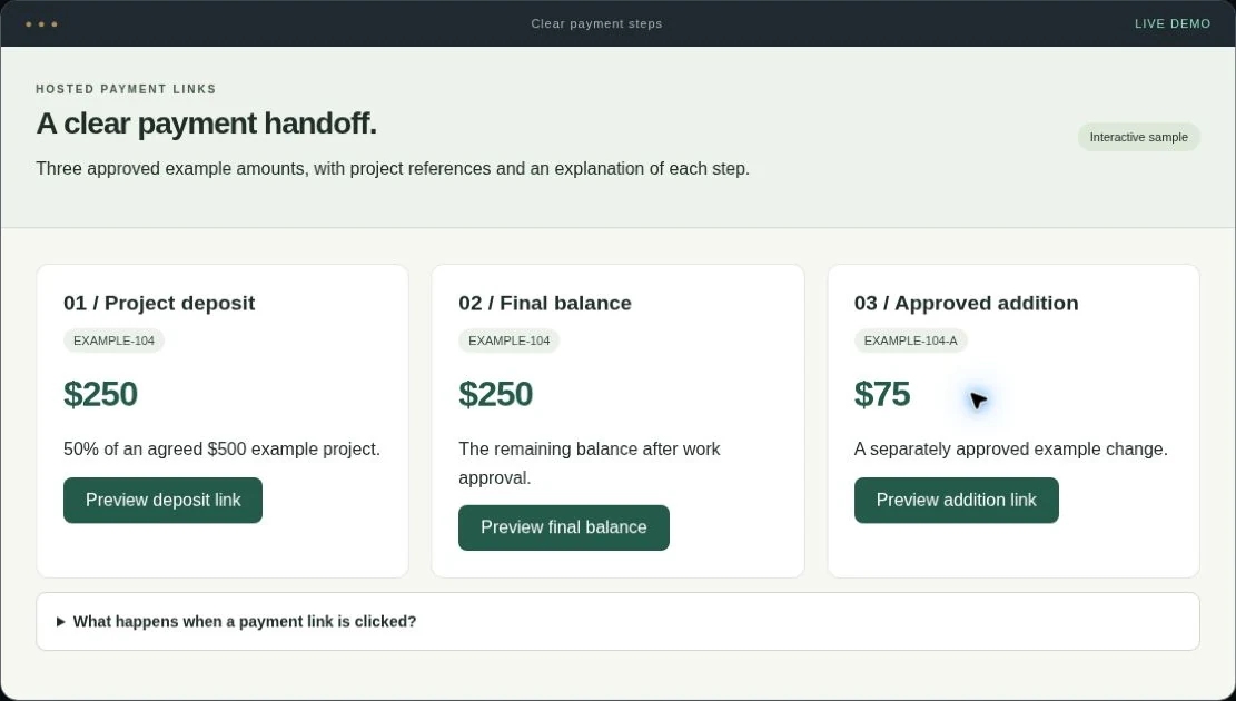 Hosted payment links interactive service demo