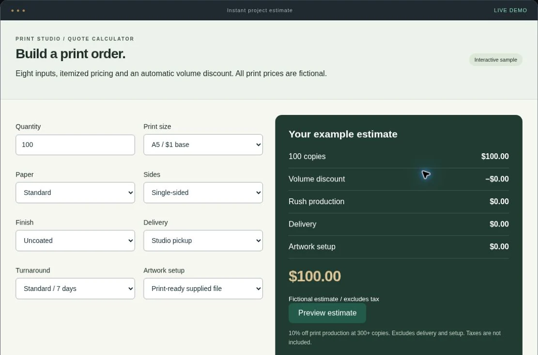 Quote calculator interactive service demo