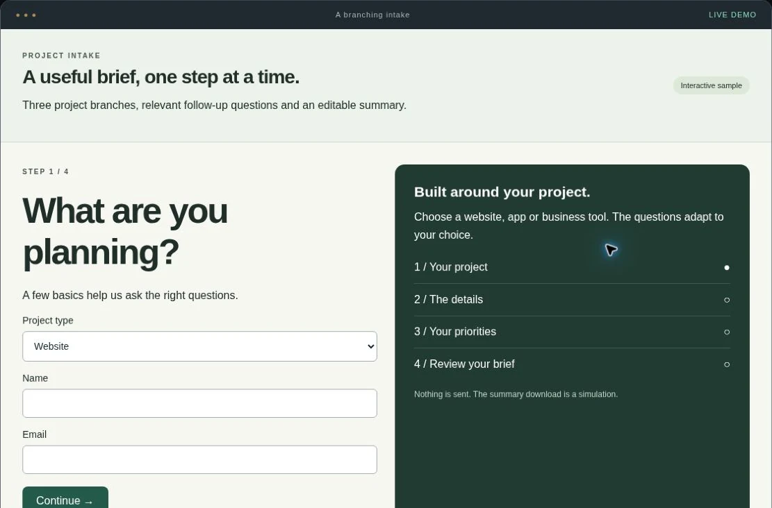Project intake questionnaire interactive service demo