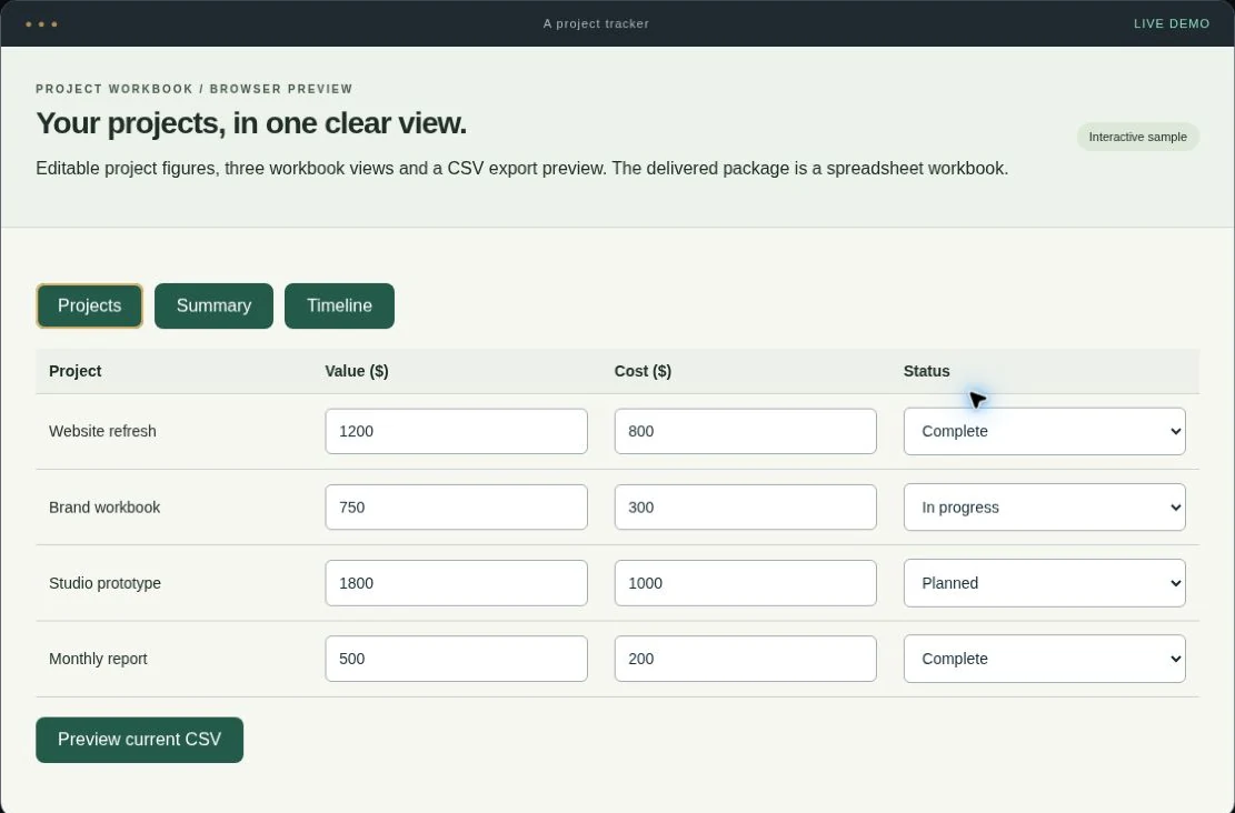 Spreadsheet tracker interactive service demo