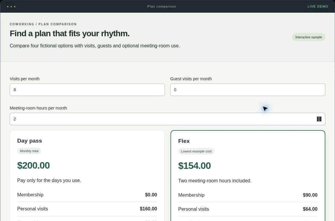 Pricing comparison tool interactive service demo