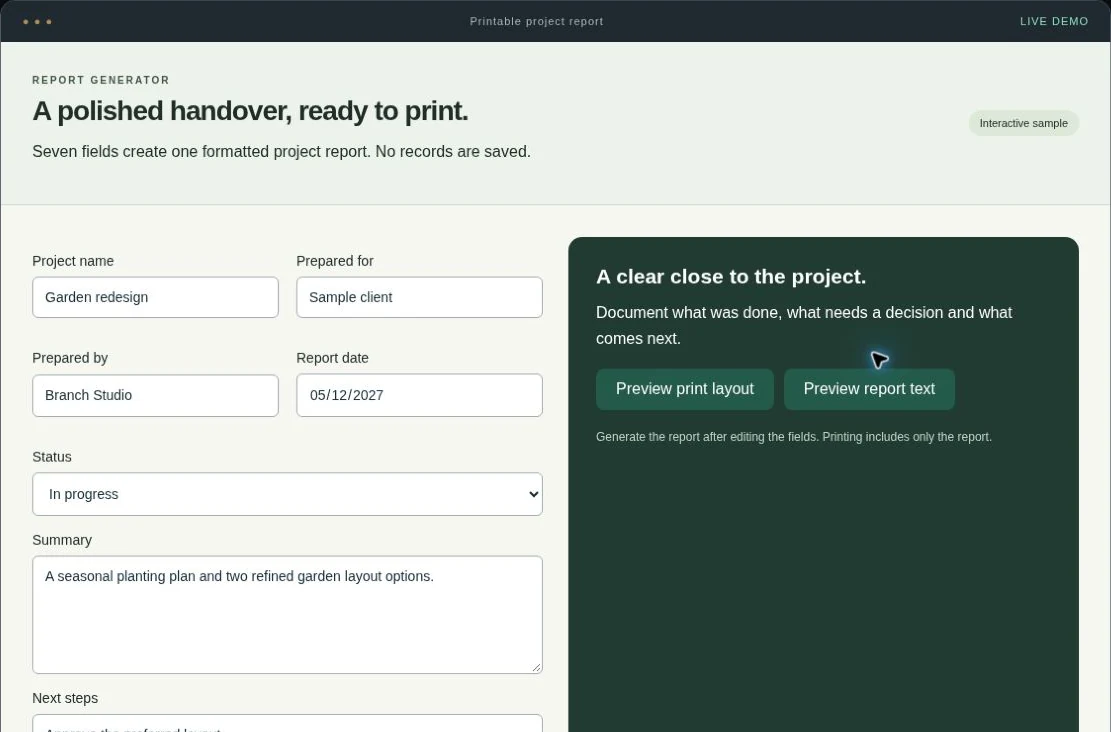 Printable report generator interactive service demo