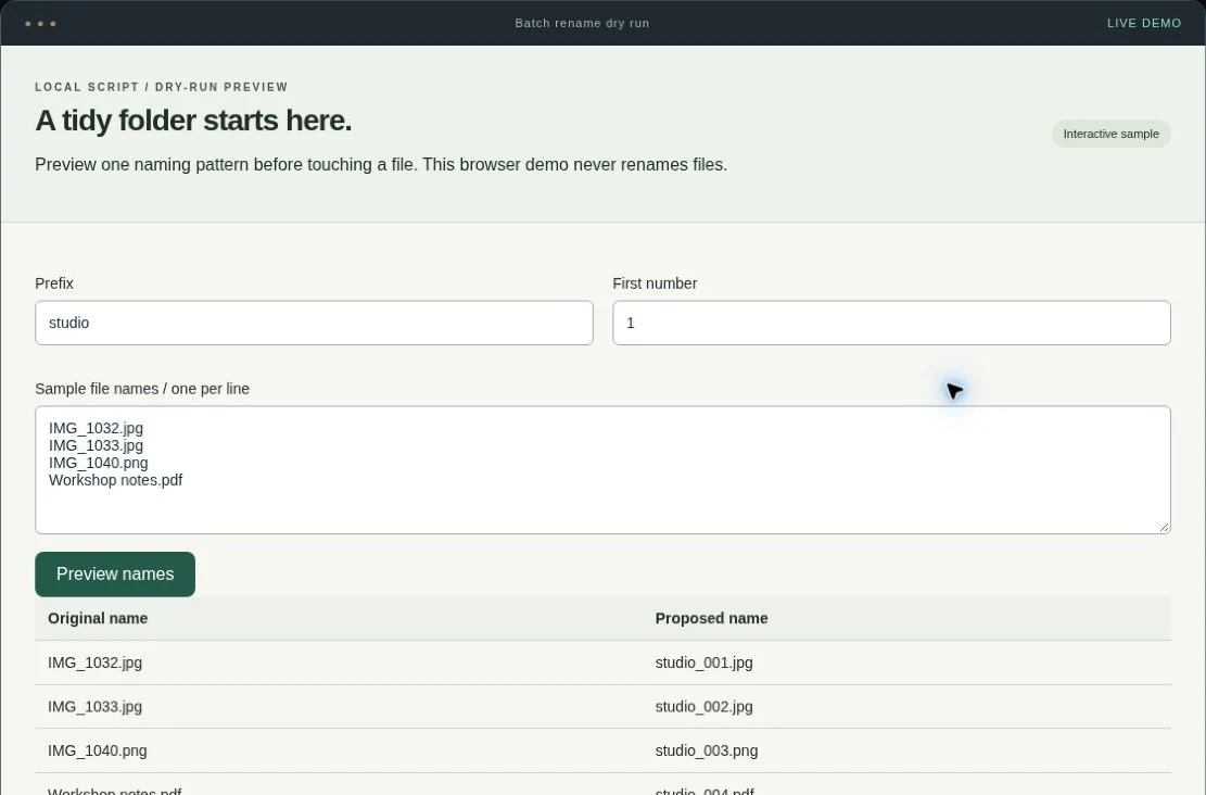 Batch file naming tool interactive service demo