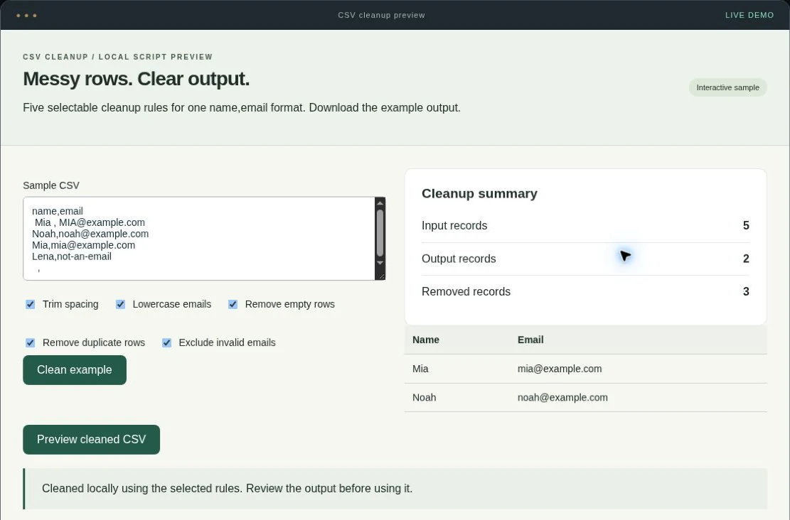 Screenshot of the interactive CSV cleanup script service demo