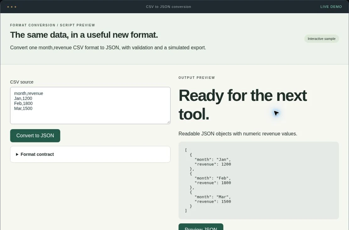 Screenshot of the interactive File format conversion script service demo