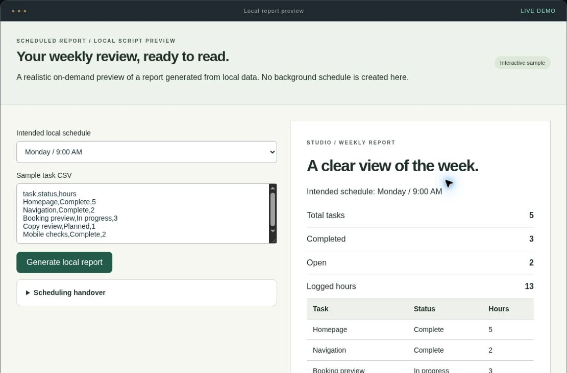 Scheduled report script interactive service demo