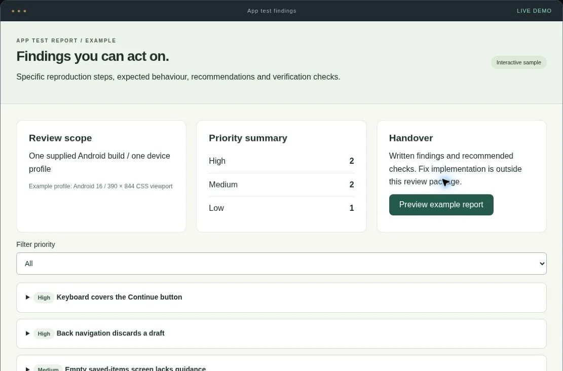 App test & feedback report interactive service demo