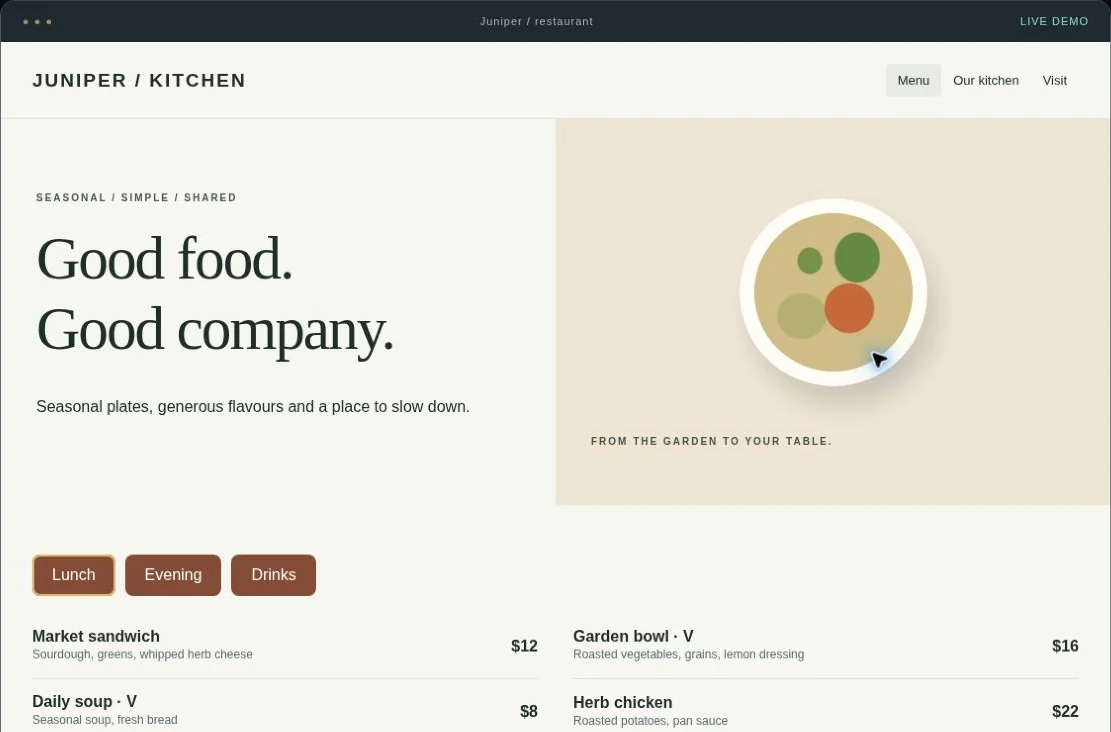 Restaurant website interactive service demo